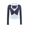 Camiseta de Manga Larga con Cuello Halter de Bloques de Color, Falsa Dos Piezas, para Mujer, Nudada, Ajustada, Camiseta Básica Sexy, Top Corto Elegante
