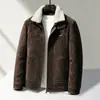 Jaqueta de Couro Masculina para Deslocamento de Inverno com Gola de Pele de Ovelha, Camurça Sintética, Acolchoada e à Prova de Vento, para Homens Jovens e de Meia-Idade