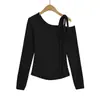 Camiseta Sexy Manga Longa com Cadarço e Decote Ombro a Ombro para Mulheres, Estilo Pura Luxúria, Blusa Básica Lisa de Ombro Caído, Top Curto Sexy Justo ao Corpo, Moderno