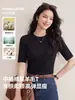Camiseta básica casual de corte ajustado con cuello redondo para mujer, nuevo modelo de otoño 2026, top de algodón modal lana merino de manga corta