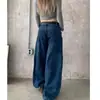 Pantalones de Pierna Ancha con Diseño Bordado Otoño Nuevo para Mujer Azules de Cintura Alta Bolsillos Grandes Laterales Jeans Versátiles Adelgazantes