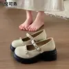 Sapatos Mary Jane Plataforma de Couro Genuíno com Solado Grosso para Mulheres Fivela Única Sapatos Pequenos de Couro Chegada Nova Outono Salto Bloco Sapatos Únicos Mocassins