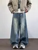 Jeans de Pierna Ancha de Perfil High Street Estilo Americano Marca Trendy para Hombre Deconstruidos Lavados Sueltos Casual Combinan con Todo Pantalones de Pareja