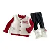 Ropa interior Dianxi de forro polar grueso con cuello de encaje, chaleco de dibujos animados peludo, leggings de invierno para bebé, conjunto de tres piezas