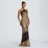 INS Transfronterizo Verano Temperamento Estampado de Leopardo Patchwork Encaje Profundo Halter en V Sexy con Tirantes Cola de Pez Vestido Largo