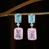 Nuevos Pendientes Transfronterizos de Piedras Preciosas Azules y Rosas con Fisuras de Hielo para Mujer, Aguja de Plata S925, Diseño Cuadrado Simple con Incrustación de Circonita, Pendientes de Lujo Ligero