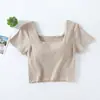 Camiseta de cintura alta para mujer, expone el ombligo, manga corta, copa, una pieza, cuello cuadrado, ropa interior, top ajustado con base y almohadilla de soporte
