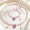 Set de Collar y Pulsera de Margarita Morada con Perlas y Cristales, Cadena para Clavícula de Lujo Ligero con Perlas de Imitación y Cristales, Regalo para Mejores Amigas