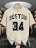 Boston 34 Estampa de Letras Artísticas Camiseta Vintage Masculina Casual Solta Moda Algodão Verão Unissex