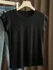 Chaleco de Fibra de Lyocell para Mujer Mangas Cortas Volantes Tejido de Hombro Ancho Camiseta de Punto Cuello Redondo Top Versátil Ropa de Verano para Mujer