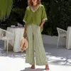 Conjunto de Traje de Algodón y Lino Nuevo de Verano para Mujer Top Holgado de Manga Corta con Cuello en V Pantalones de Pierna Ancha Rayados Conjunto de Dos Piezas Casual Transfronterizo