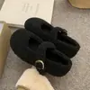 Zapatos grises Mary Jane forrados de pelo, estilo invierno exterior para mujer, nuevos planos estilo coreano, suela plana para mujer, forro polar, zapatos de algodón cálidos