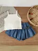 Conjunto de Dos Piezas de Verano 2026 Estilo Transfronterizo Top de Volantes con Cuello Redondo y Pantalones tipo Falda de Mezclilla Resistente con Abalorios