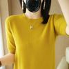 Camiseta de punto de manga corta para mujer, cuello redondo, color liso, holgada, combinable, de talla grande, de manga corta, para primavera y verano