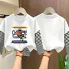 Camiseta infantil, algodão puro, novo corte solto, base de manga longa falsa de duas peças para primavera e outono de bebê, blusa de outono para menino
