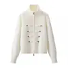 Nueva chaqueta cárdigan de punto de otoño, estilo casual simple transfronterizo, de doble botonadura con cremallera, estilo Napoleón con cuello alto y botones