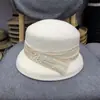Abajur Chapéu com Laço de Seda e Linho Pérola Francês Chapéu de Pescador Outono e Inverno Feminino Chapéu de Feltro de Lã Australiana Chapéu Retrô