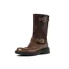 Botas femininas de cano médio feitas de couro bovino de flor integral, novo estilo outono/inverno, totalmente em couro genuíno, bico redondo, com fivela, salto médio e acabamento tingido