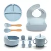 Atacado transfronteiriço louça infantil tigela complementar prato de silicone garfo colher de bebê babador conjunto de 8 peças de produtos anti-queda para maternidade e infância