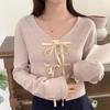 Jaqueta Cardigan de Tricô com Laço para Mulheres Outono e Inverno 2025 Novo Design Nicho Cadarço Caimento Solto Emagrecedor Top