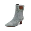 Botas de cuero de moda coreana para mujer, punta afilada, mezclilla, cremallera lateral, botas cortas con zapatos de mujer 40-48, botas de comercio exterior