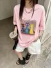 Camiseta de Manga Curta com Estampa de Desenho Animado para Mulheres, Gola Redonda, Roupa de Baixo para o Verão, Tamanho Grande Soltinho, Camiseta Simples com Estampa Pequena Tendência