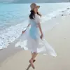 Novo Biquíni Branco Vazado Três Peças para Mulheres, Saia Longa de Crochê Sexy para Cobrir Roupa de Banho para Férias na Praia