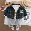 Conjunto de Ropa de Otoño para Niños, Ropa Elegante para Bebés para Primavera y Otoño, Conjunto de Tres Piezas a Cuadros con Placa de Etiqueta para Niños, Conjunto de Moda