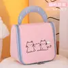 Bolsa de Maquillaje de Mano con Bloques de Color Estilo Femenino Gatito de Dibujos Animados Portátil Gran Capacidad Gancho Bolsa de Almacenamiento para Artículos de Tocador de Viaje