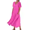 Vestido Feminino Transfronteiriço Europeu e Americano Amazon Cor Sólida Gola Redonda Manga Curta Bainha Longa Solta