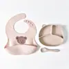 Juego de vajilla para niños, plato con compartimento, babero de silicona, resistente a caídas, anti-sucio, juego de vajilla para bebé, tenedor y cuchara de silicona, en stock