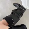 Em estoque~Botas longas de bico fino com rebites para mulheres, botas de montaria com fivela de cinto vintage e salto grosso, botas pretas empilhadas para mulheres