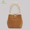 Bolso cruzado de un solo hombro para mujer nuevo, Bolso tipo bandolera de cuero genuino, Bolso de cubo con borde de felpa de cordero retro, Procesado y personalizado
