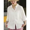 Camisa feminina de verão nova, versátil, gola V, manga curta, corte justo, de algodão e linho, com colarinho dobrável, casual