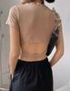 "Estilo Privado" Verano Nuevo Europeo y Americano ins Moda Diseño Hueco Camiseta de Manga Corta con Cuello Redondo Top Adelgazante Ajustado para Mujer