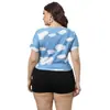Top Blanco de Talla Grande con Estampado de Nubes Acanalado Corto Transfronterizo Europeo y Americano Casual Manga Corta Crop Top Camiseta 202145