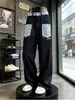 Jeans reto com bolso frontal em blocos de cor xadrez retrô americano para homens, calça larga solta, calças de design de nicho da moda