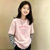 Camiseta de manga larga de algodón puro para niña, look de dos piezas para primavera y otoño, cuello redondo, camiseta básica elegante, top a rayas de moda versátil estilo coreano