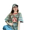 Camiseta Linda de Dibujos Animados con Graffiti de Longitud Media para Mujer, Top Oversize Holgado de Rayas de Colores Resistente de Moda que Cubre las Caderas