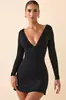 Vestido Aliexpress Europeu e Americano Feminino 2025 Decote em V Profundo Cintura Vestido de Manga Longa Feminino Slim Moda Sexy Justo no Corpo Saia Curta