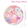En stock Vajilla de Fiesta Mariposa Rosa Decoración de Fiesta de Cumpleaños para Niña traje Bandeja de Papel de Flor Taza de Papel Decoración de Mariposa