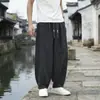 Estilo Chino Verano Nuevo Hombres Seda de Hielo Tacto Lino Sintético Pantalones Casuales Talla Grande Holgados Pantalones Harem Estampados Rayados