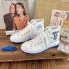 Nuevos Zapatos de Lona Blancos Puros de Caña Alta con Suela Gruesa de Gato y Ratón Doble Color para Mujer Zapatillas Deportivas Lindas para Estudiante