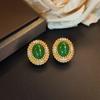 Pendientes de encaje de diamantes con relieve tridimensional de tres capas de jade malayo verde ovalado de alta calidad, joyería para mujer, venta al por mayor