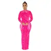 C6266 Aliexpress Amazon Moda Europeia e Americana Roupas Femininas Malha Transparente Strass Vestido Longo de Manga Longa com Forro Conjunto de Duas Peças