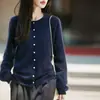 Novo cardigã de tricô com gola redonda, mistura de caxemira e lã, para outono e inverno, suéter feminino de lã escovada, cor sólida, manga longa