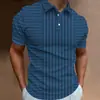 Camiseta Polo Masculina de Manga Curta Listrada com Estampa 3D Popular Europeia, Venda Quente, Casual, Versátil para o Dia a Dia