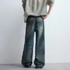 Jeans Azul Largo de Cintura Alta Tendência High Street Estilo Retrô Americano 2026 com Padrão Qi Lin