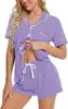 Toma Real de Nuevo Conjunto de Pijama Cardigan de Estilo Europeo y Americano Transfronterizo, Conjunto Casual de Ropa de Casa para Mujer con Solapa, Conjunto de Dos Piezas con Pantalones Cortos y Manga Corta