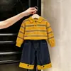 Roupa Infantil Coreana 26 Novidades de Outono Meninos e Meninas Blusa de Tricô Listrada com Gola Polo em Bloco de Cores Dopamina Calça de Perna Larga